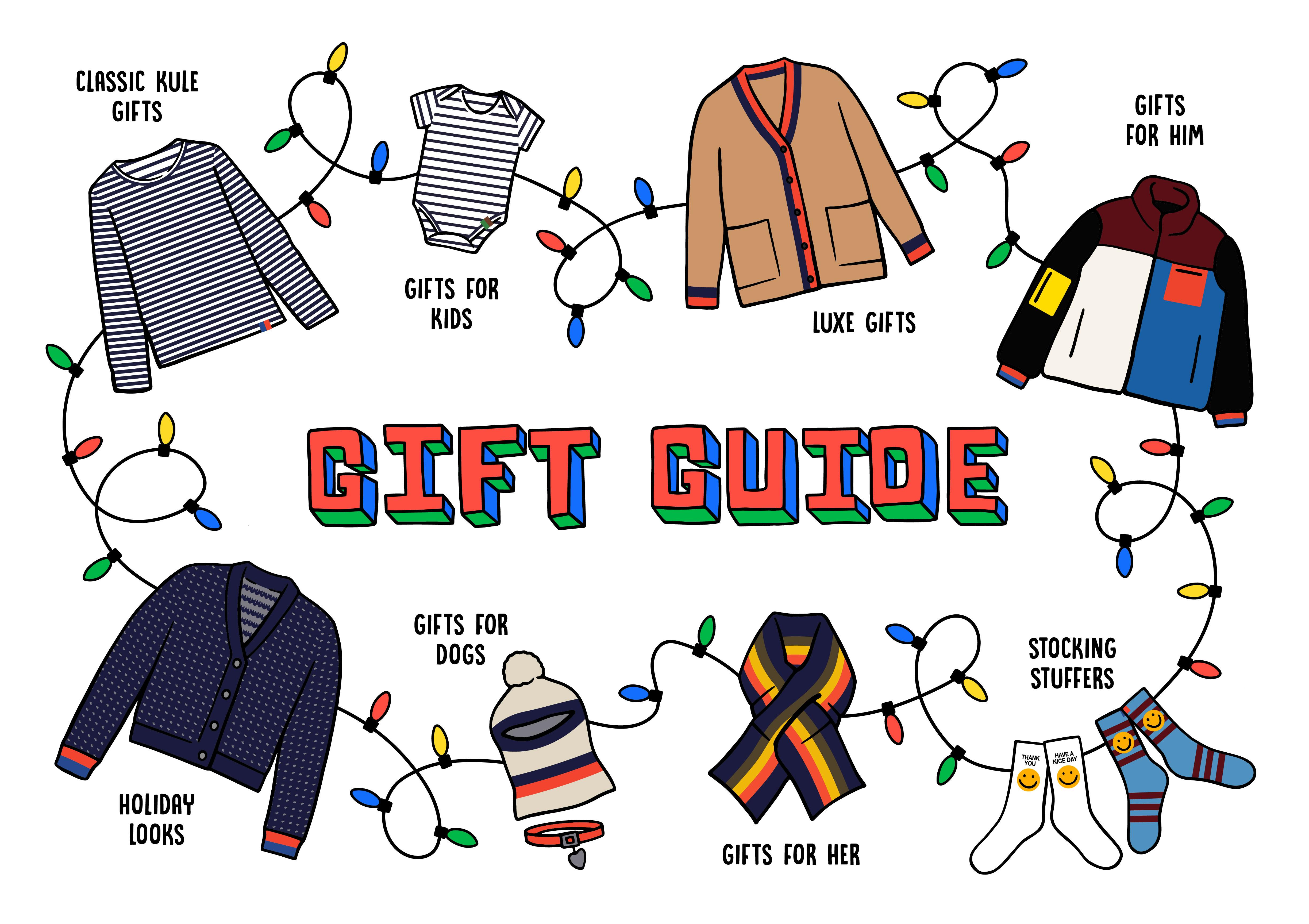 KULE Gift Guide illustration with tees, sweaters, hats, scarves and socks
