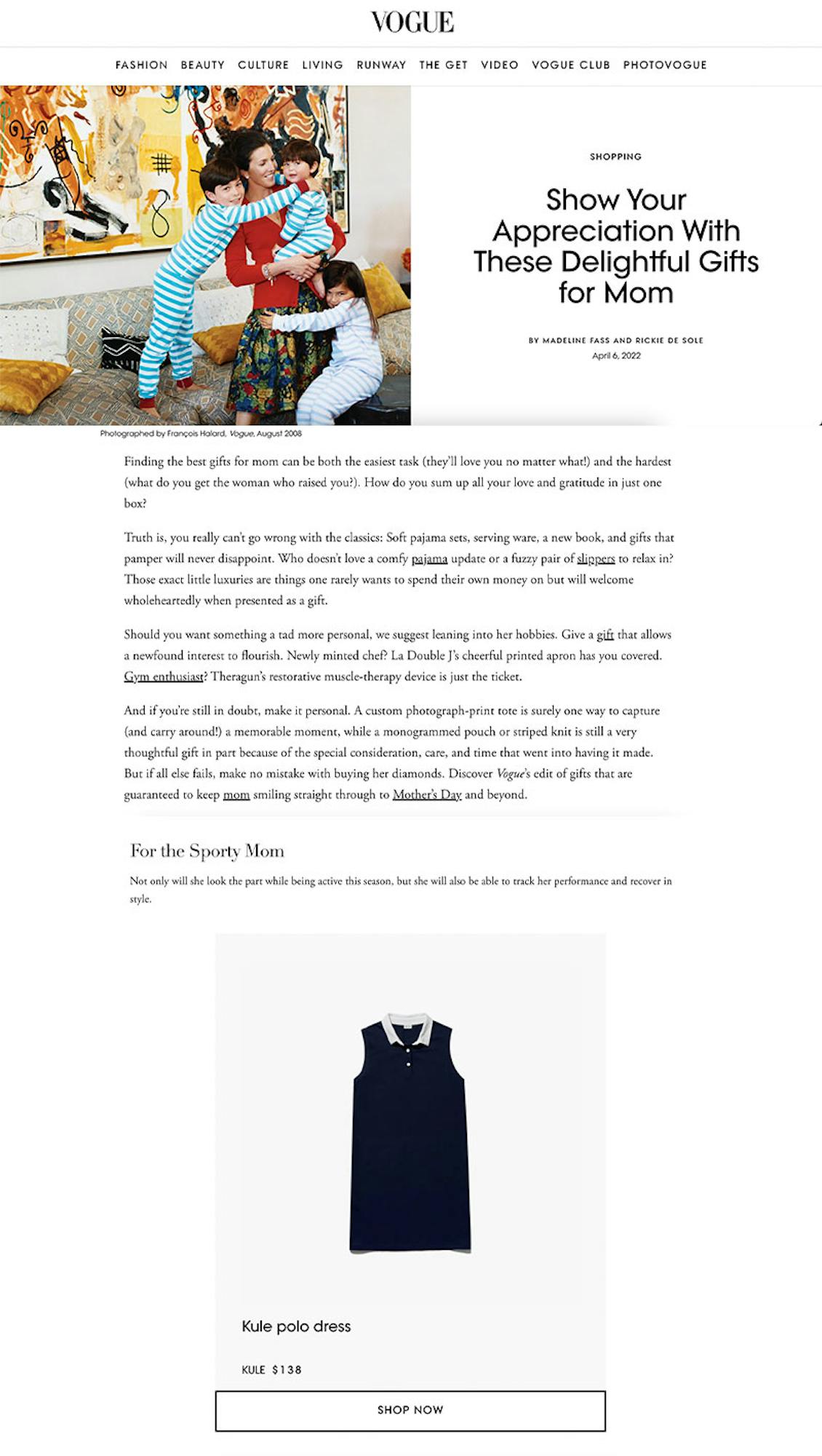 Vogue featuring kule polo dress as mother's day mom gift