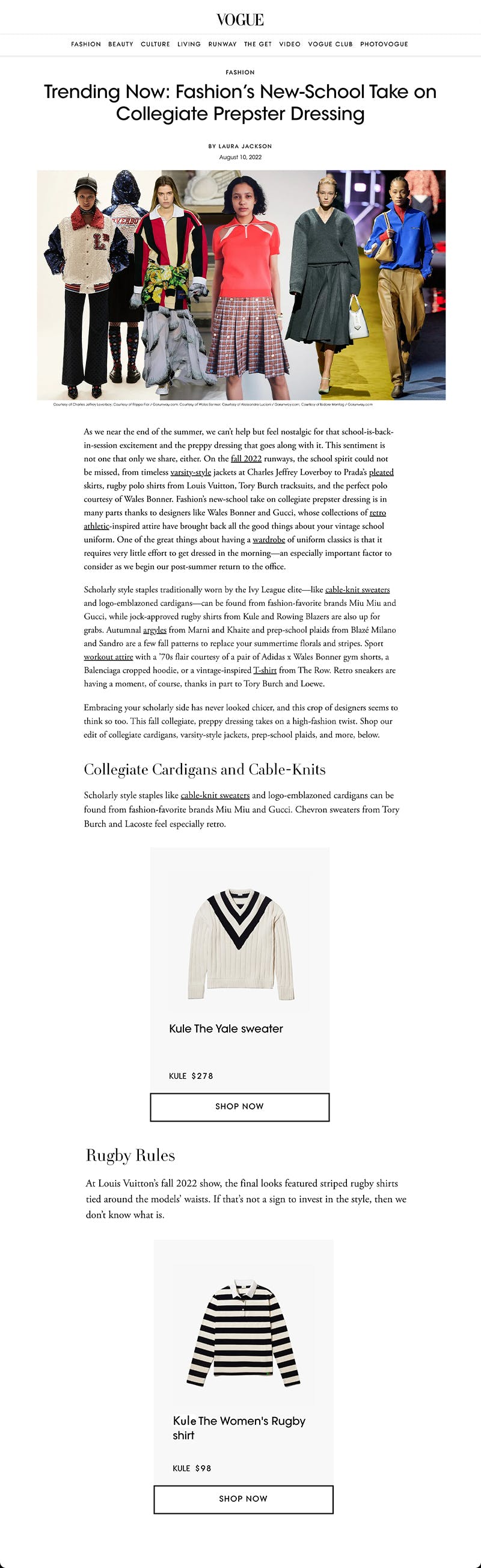 Vogue featuring KULE sweater and rugby for Collegiate Prepster Dressing