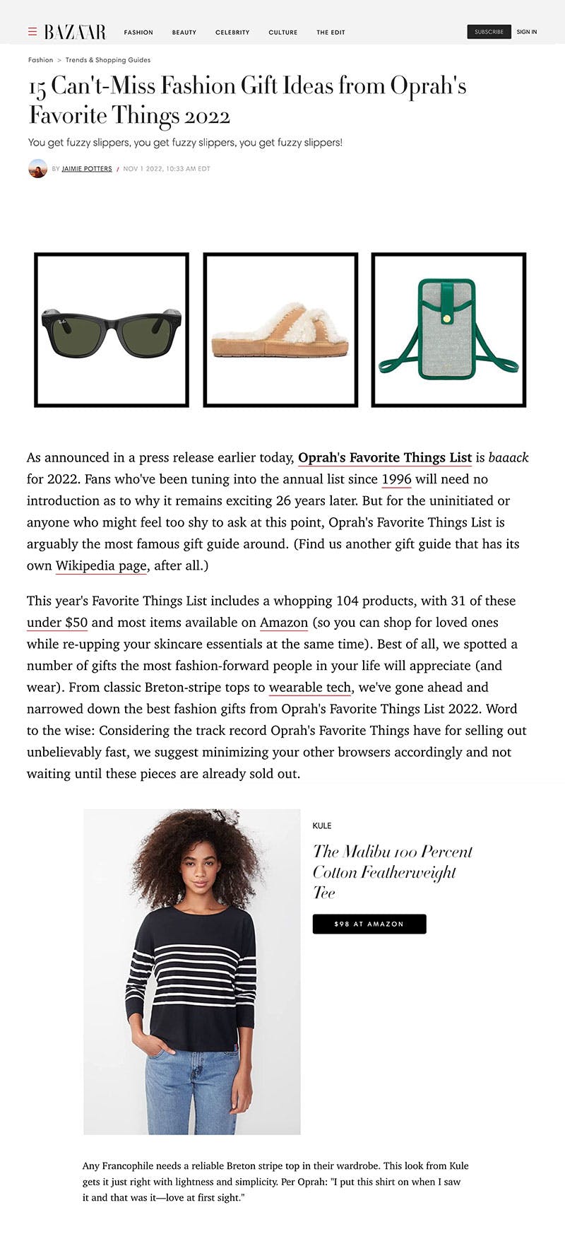 Harper's Bazaar featuring KULE Malibu tee from Oprah's Favorite Things gift guide