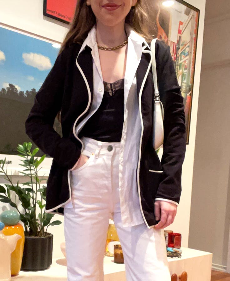 Elizabeth Tamkin wearing Syd Blazer for KULE Warehouse Sale Winter Styling