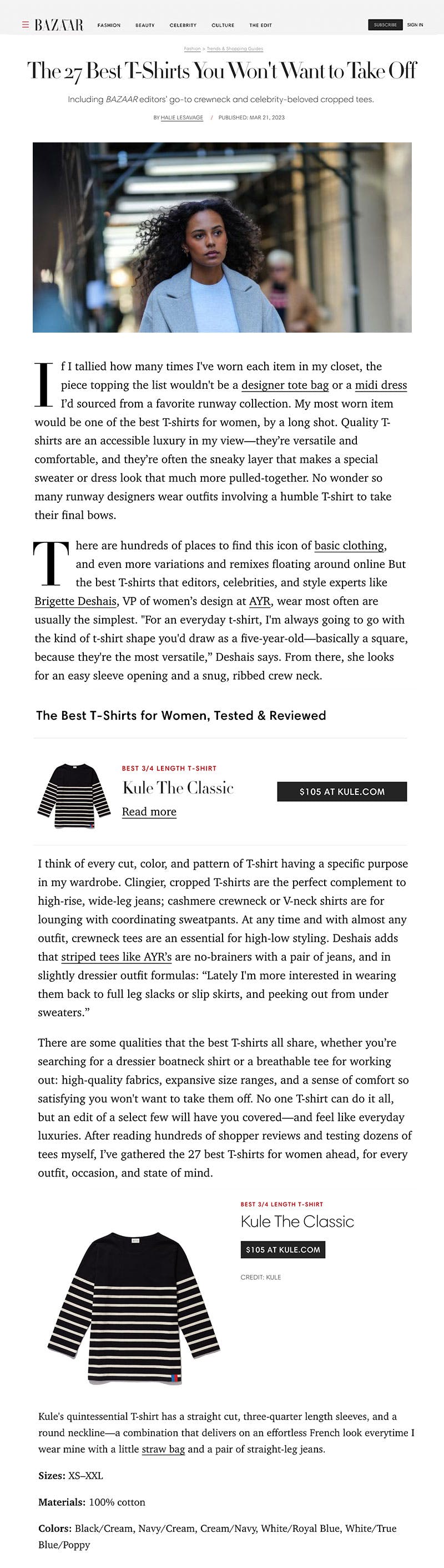 Harper's Bazaar featuring KULE Classic Tee as best 3/4 length sleeve tee