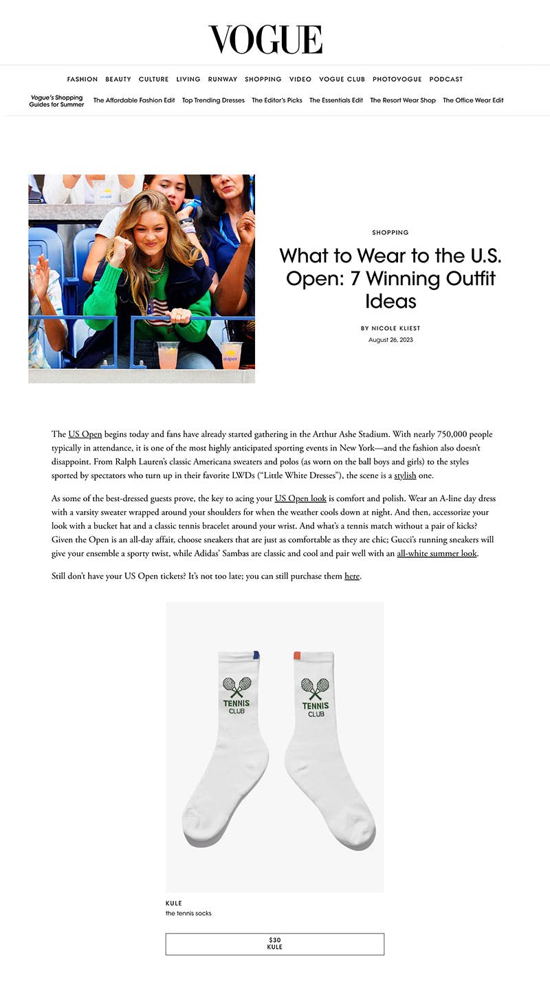 Vogue featuring KULE tennis socks for US Open
