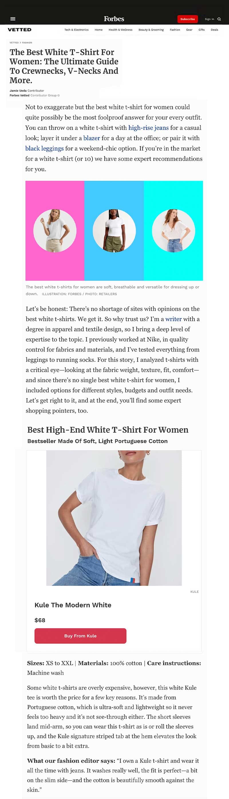 Forbes featuring KULE Modern White as best high-end white t-shirt