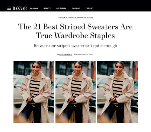 Harper's Bazaar featuring KULE cashmere Betty sweater as Best Striped Sweater Overall