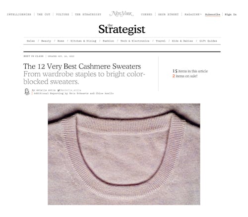 NY Magazine The Strategist featuring KULE Betty sweater as best striped cashmere sweater