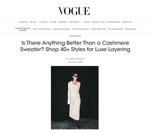 Vogue featuring KULE cashmere Betty sweater as best boat stripe sweater for luxe layering
