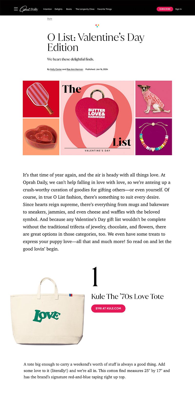 Oprah Daily featuring KULE tote as best Valentine's Day gift