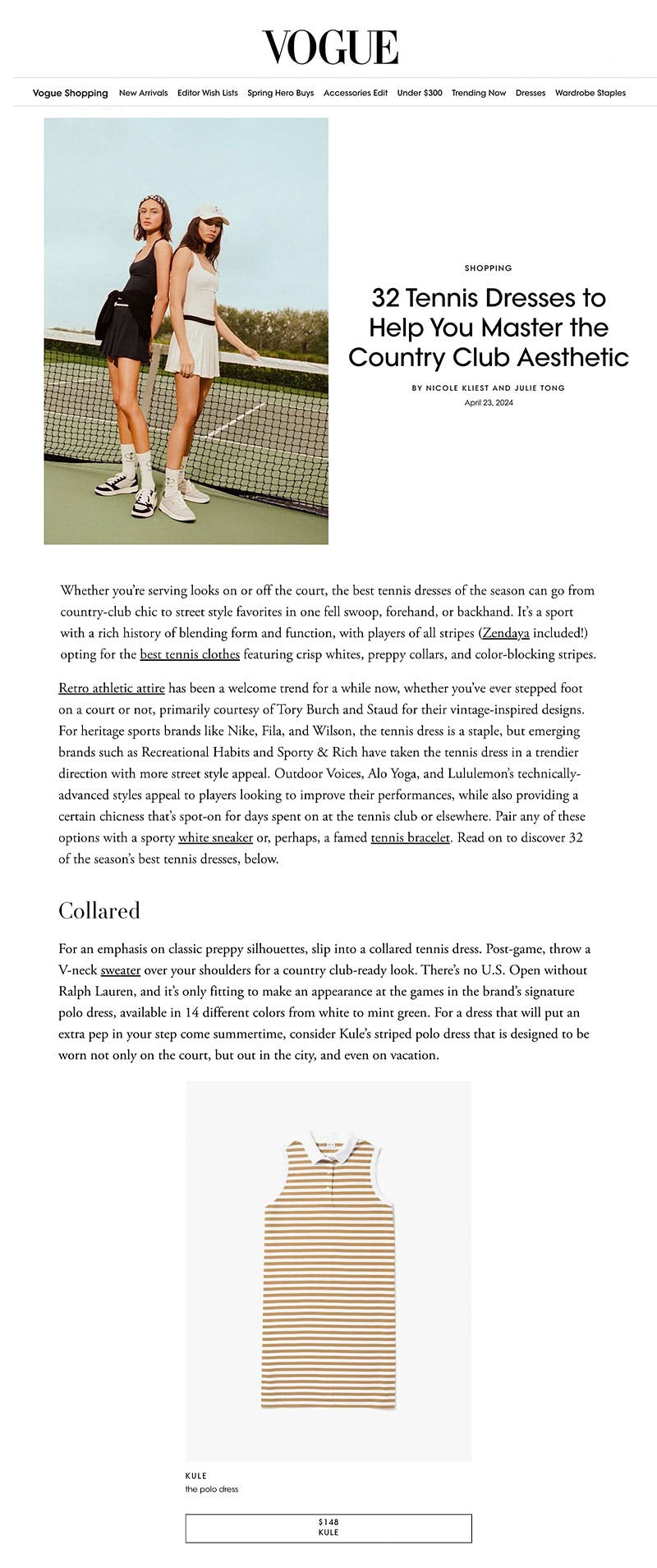 Vogue featuring KULE striped polo dress as best tennis dress